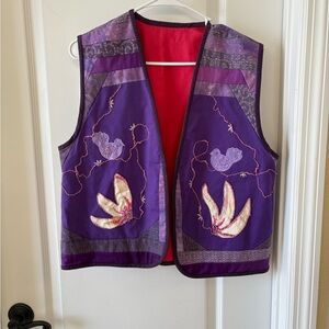 Handmade Reversible Quilted Vest Large Purple Embroidered Patchwork Art To Wear